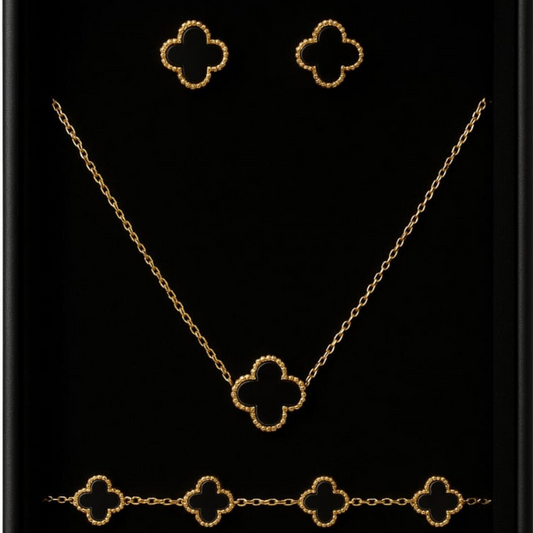 Elegant Black Clover Jewelry Set – Necklace, Bracelet & Earrings
