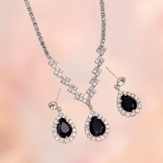 Elegant Black Stone Necklace & Earring Set – Crystal Accents