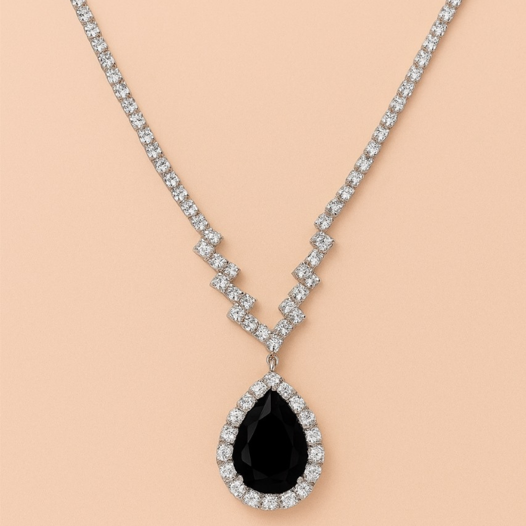 Elegant Black Stone Necklace & Earring Set – Crystal Accents