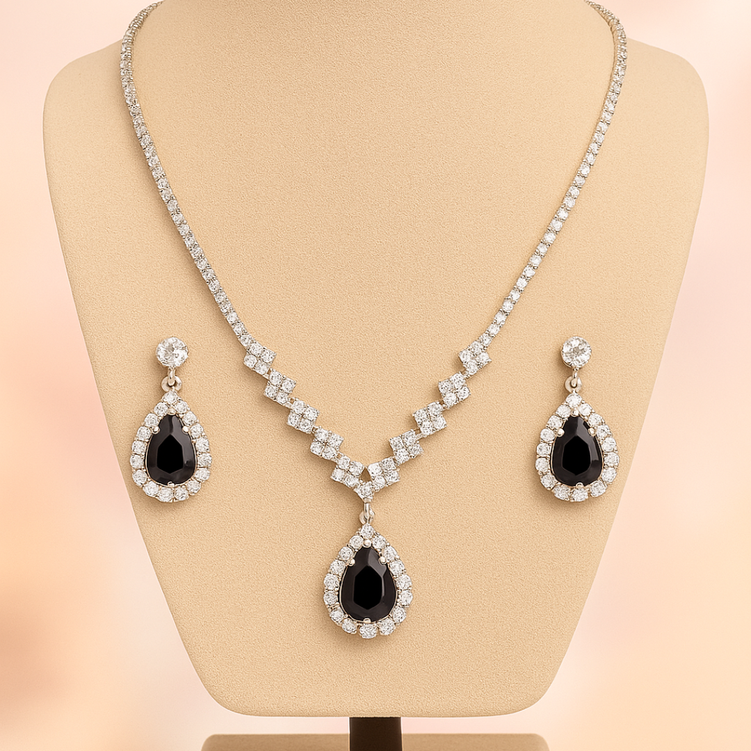 Elegant Black Stone Necklace & Earring Set – Crystal Accents