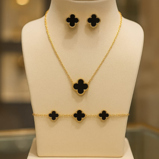 Elegant Black Clover Jewelry Set – Necklace, Bracelet & Earrings