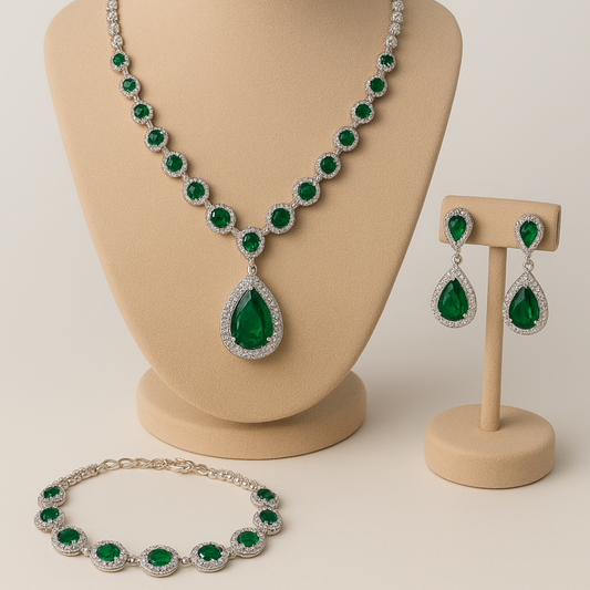 Elegant 1 Carat Emerald Green Jewelry Set – Necklace, Earrings & Bracelet