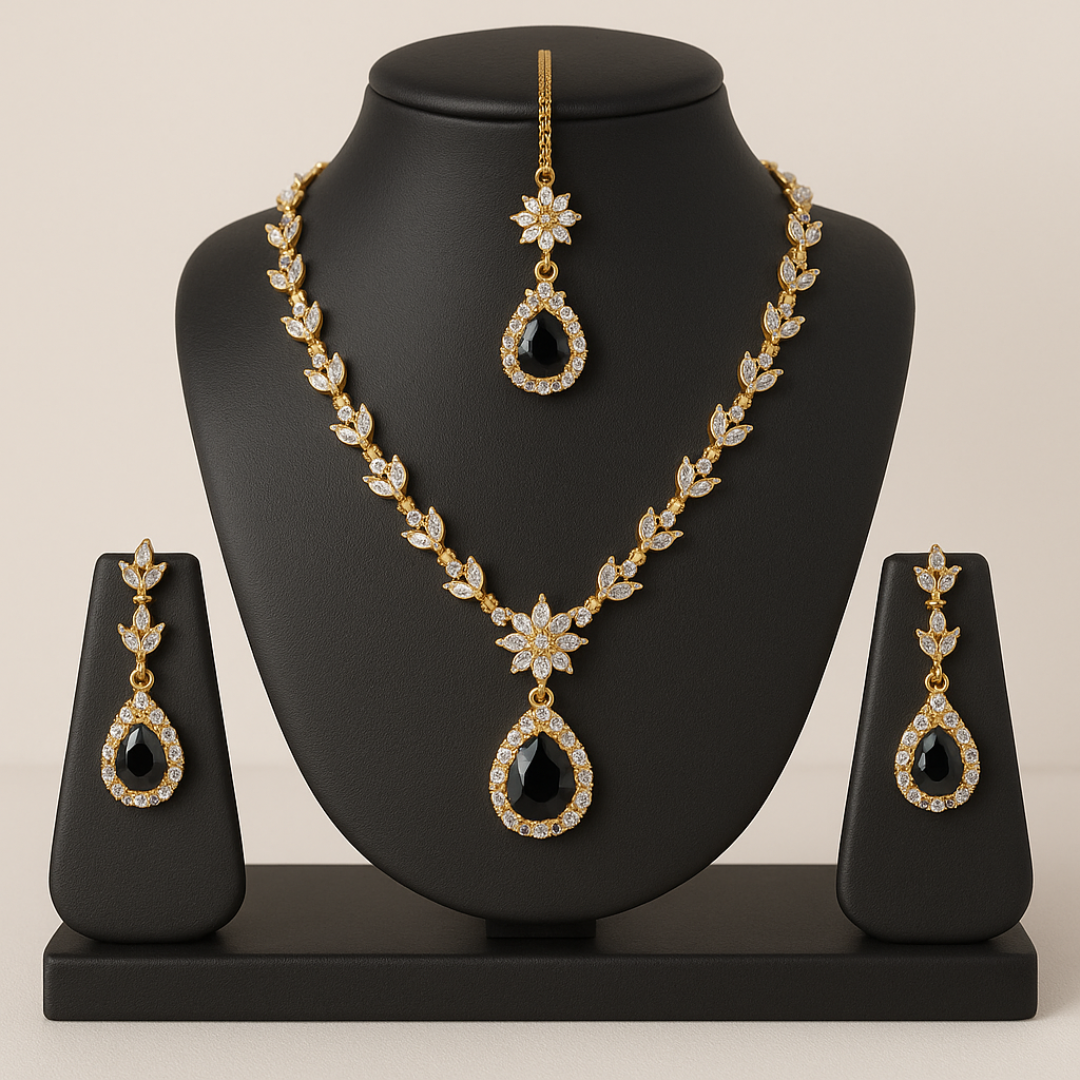 Luxury Gold-Plated Black Stone Jewelry Set – Necklace, Earrings & Tikka