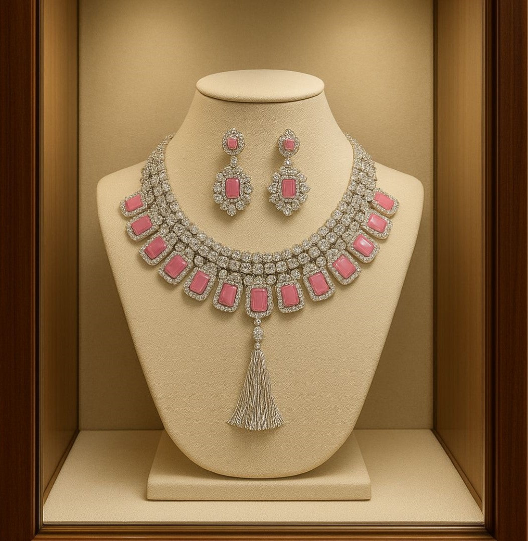 Luxury Artificial Pink Stone Necklace & Earrings Set with Carat Accents