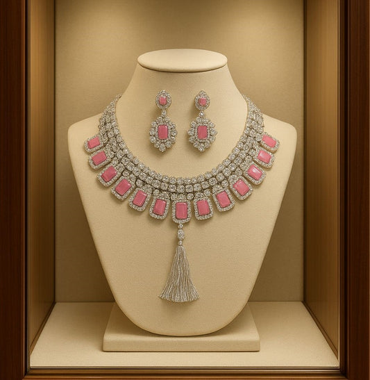 Luxury Artificial Pink Stone Necklace & Earrings Set with Carat Accents