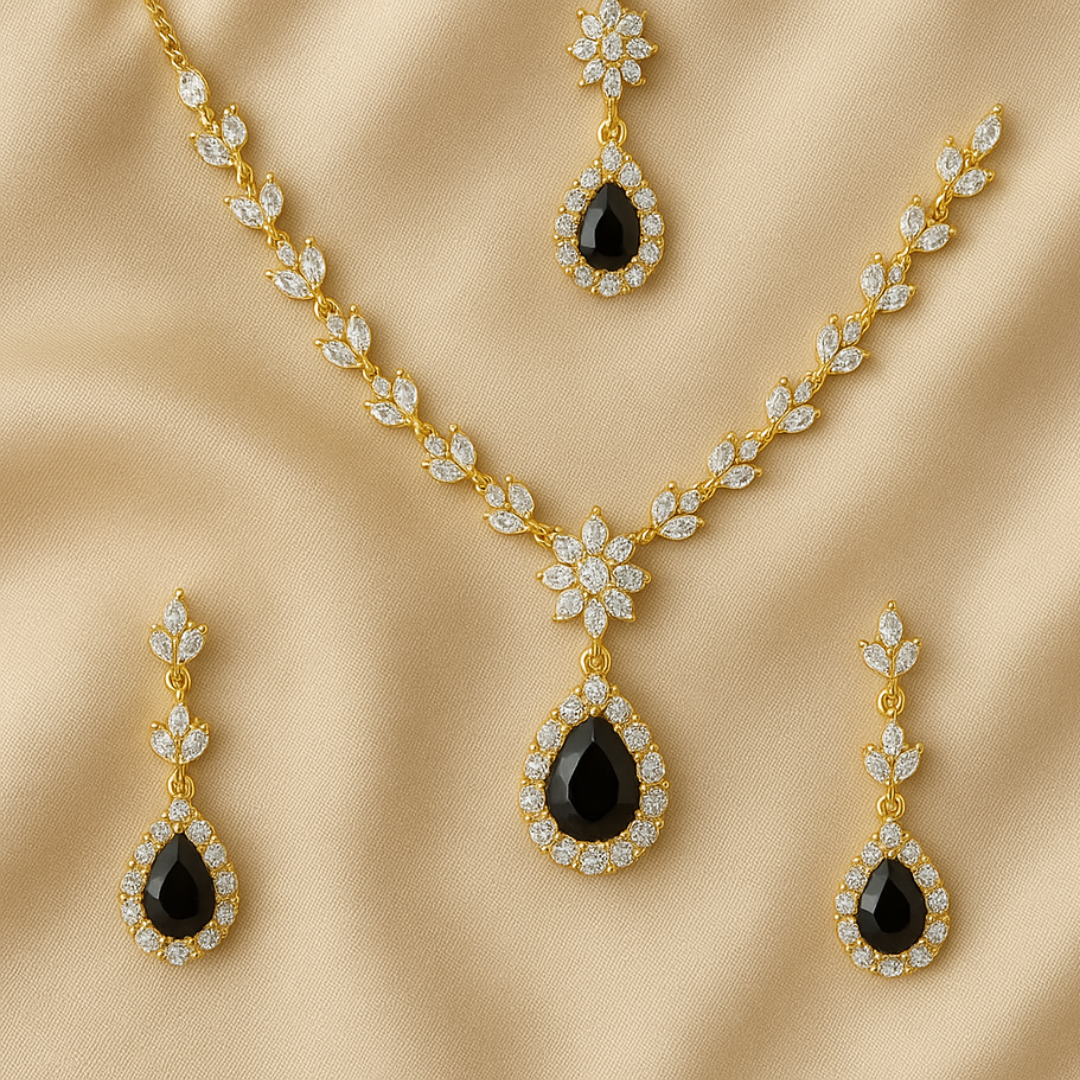 Luxury Gold-Plated Black Stone Jewelry Set – Necklace, Earrings & Tikka