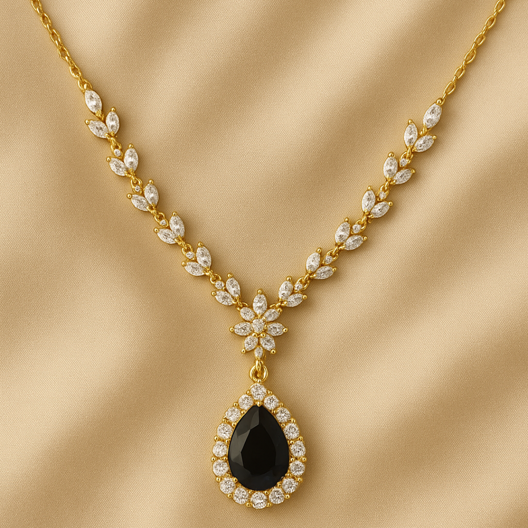 Luxury Gold-Plated Black Stone Jewelry Set – Necklace, Earrings & Tikka